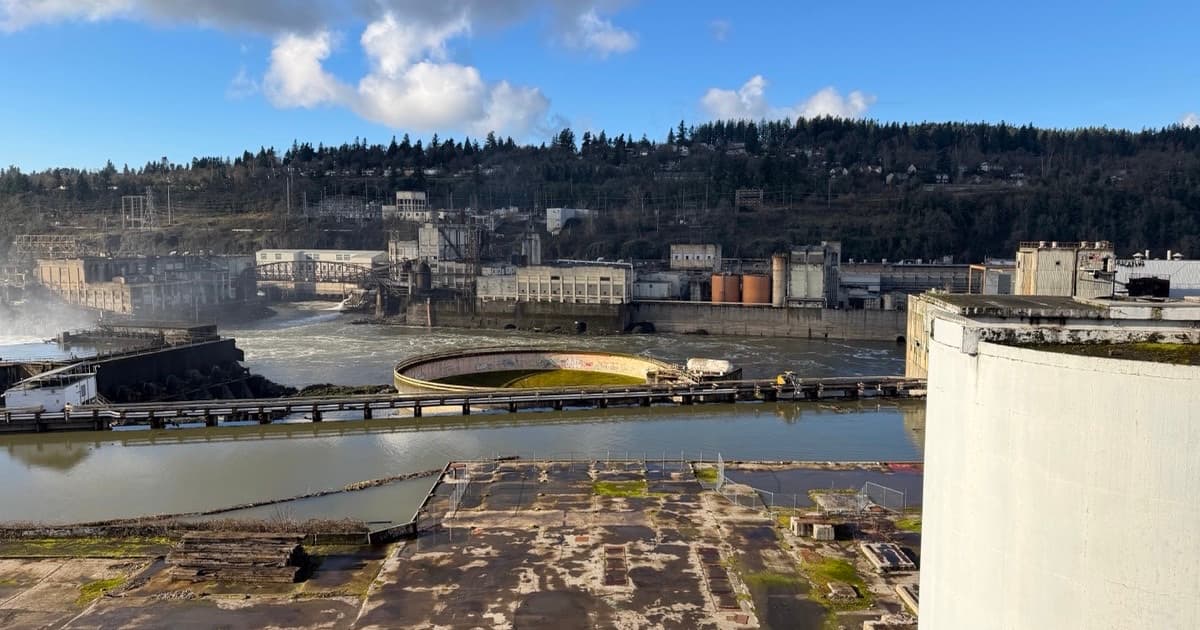 Obsolete industrial infrastructure at former Blue Heron mill site, Oregon City, January 2026, featured image for Turning AI visibility into leads for industrial investment and green production